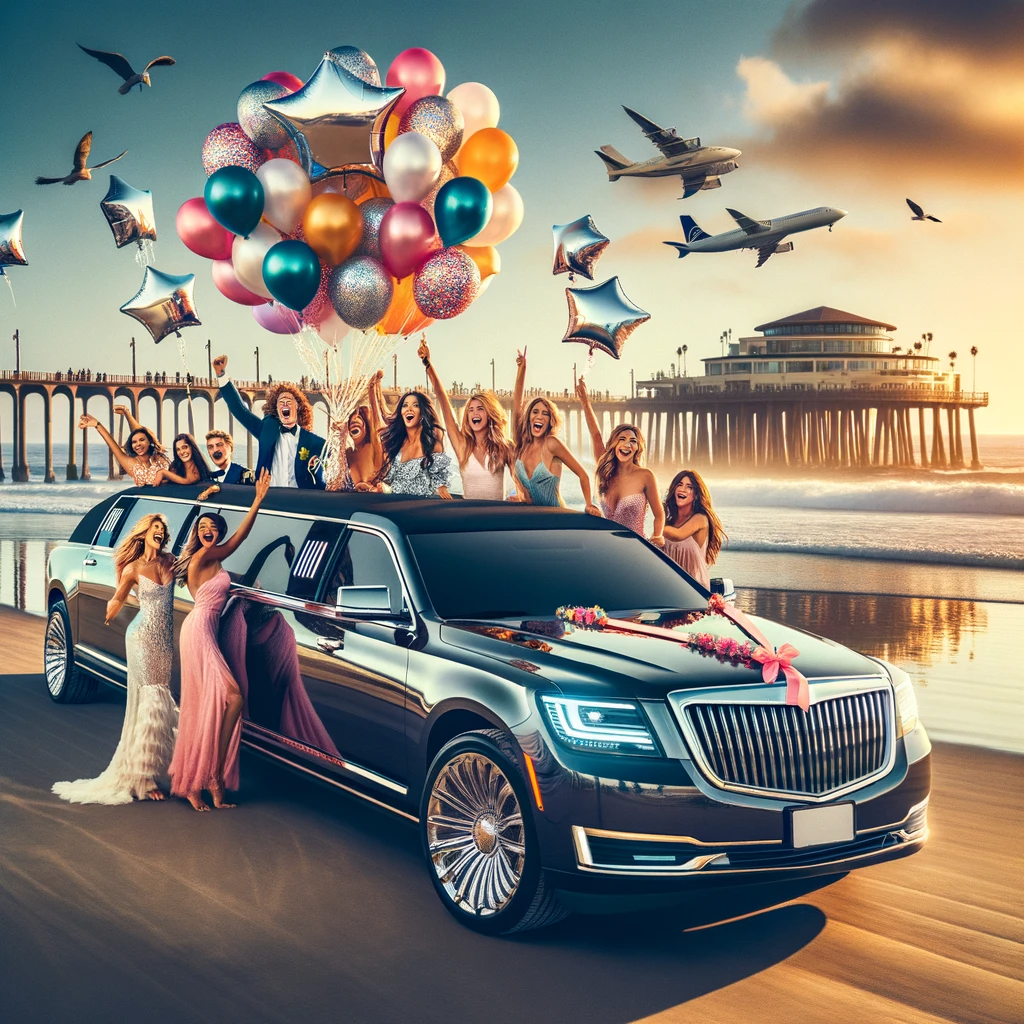 A decorated limousine parked at a San Diego beachfront, with a diverse group of elated individuals stepping out, and a beautiful sunset in the background.