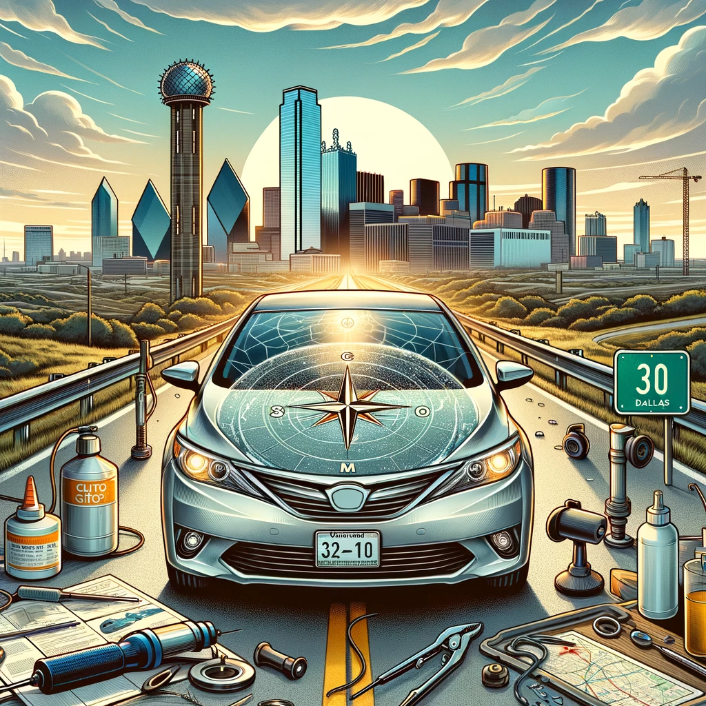 A car with a pristine windshield reflects the Dallas skyline on road '310', symbolizing top-tier auto glass repair services in Dallas, TX.