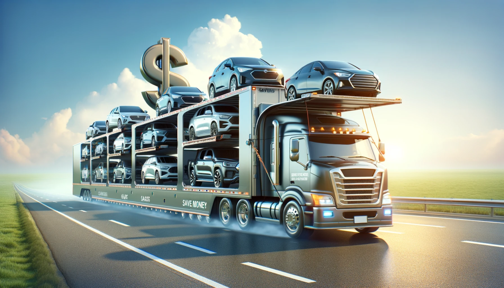 A professional auto transport truck carrying a mix of shiny new sedans and SUVs on a highway, with a discount tag and dollar signs symbolizing savings in car shipping.