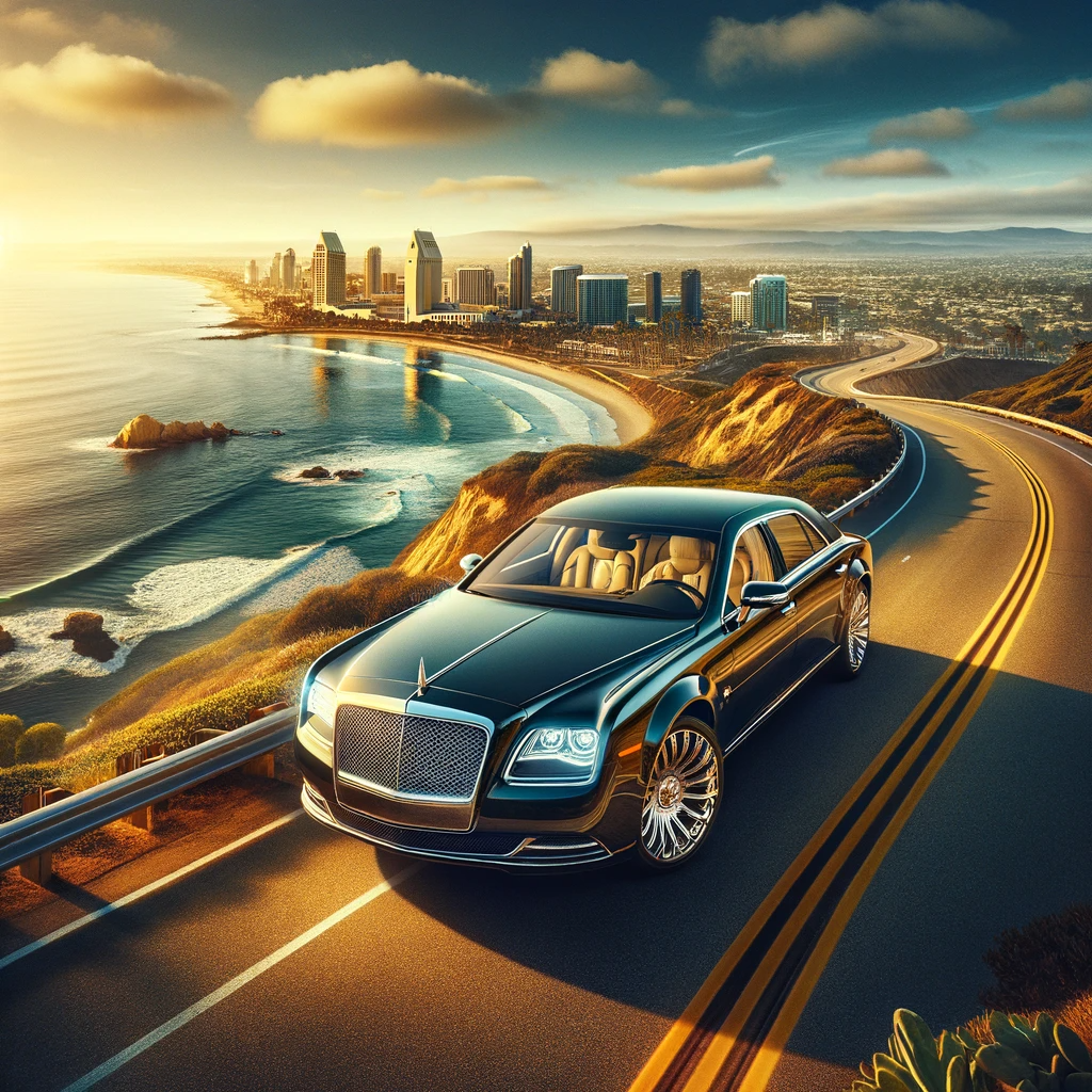 Luxury car driving along a coastal road near San Diego, CA, set against the Pacific Ocean and skyline at sunset, symbolizing premium travel services.