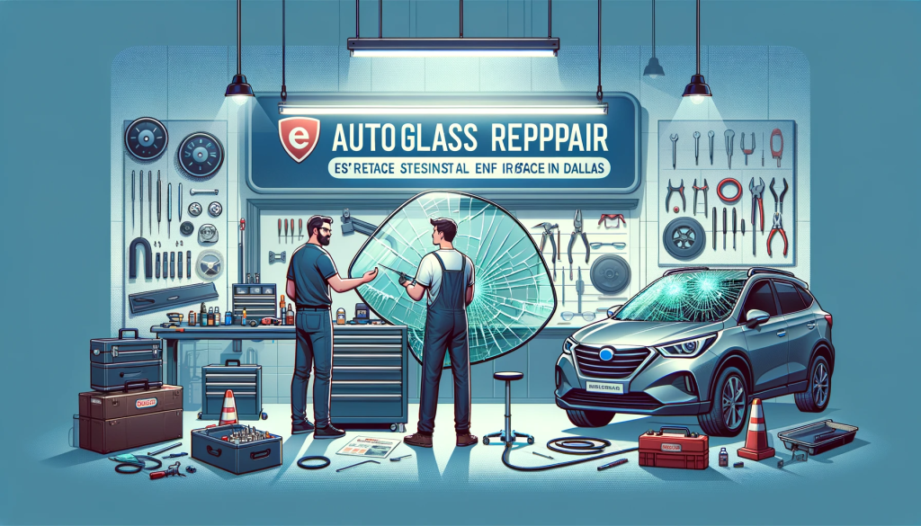 Informative scene at a Dallas auto glass repair shop, showing a customer and technician discussing the repair process beside a car with a damaged windshield, in a modern, well-equipped shop environment.