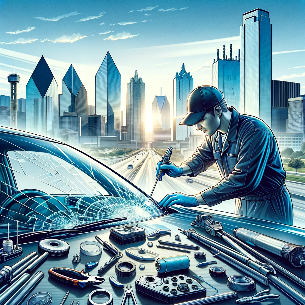A car with clear auto glass in front of the Dallas skyline, with a technician installing the windshield.